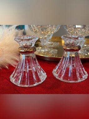 Vintage Cristal d’Arques Eventail Gold Band Crystal Candlestick Holders Pair